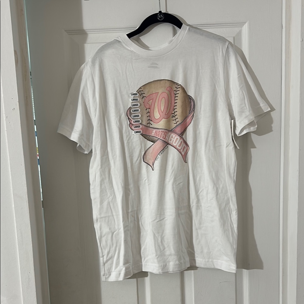 MLB Nationals White and Pink Graphic T-Shirt with Baseball Design Size Large